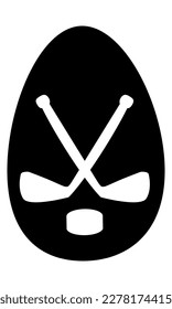 Esténcil negro de huevo de Pascua. Palos de hockey cruzados y polla. Clipart. Elemento aislado.