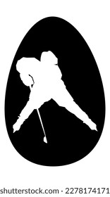 Black stencil of Easter egg. Kids hockey player with stick. Flat illustration. Clipart. 	  