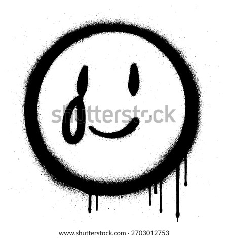 Black stencil graffiti of a crying smiley face with tears, dripping spray paint effect, street art style.