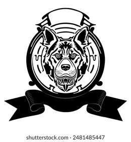 Black stencil image on white background logo of  dog's head at the top and bottom of the tape there is  place for the inscription Vector