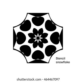 Black stencil of snowflake, abstract geometric symmetrical pattern. Vector illustration