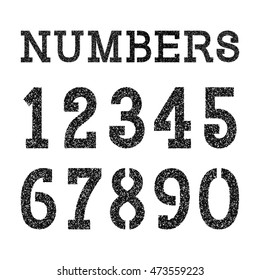 Black stencil spray paint numbers set. Font in grunge style of grainy texture.