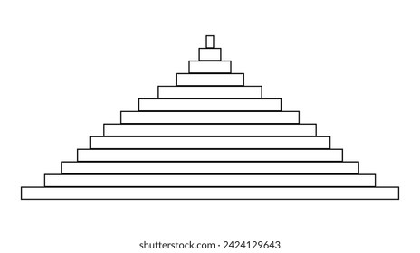 Black step pyramid on white background. Pyramid consisting of horizontal rectangles. Black outline. Triangle. Simple geometric design. Logo, icon, pictogram. Vector on a white background