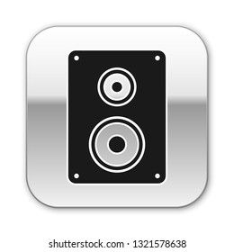 Black Stereo speaker icon isolated on white background. Sound system speakers. Music icon. Musical column speaker bass equipment. Silver square button. Vector Illustration