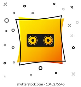 Black Stereo speaker icon isolated on white background. Sound system speakers. Music icon. Musical column speaker bass equipment. Yellow square button. Vector Illustration