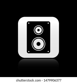 Black Stereo speaker icon isolated on black background. Sound system speakers. Music icon. Musical column speaker bass equipment. square button. Vector Illustration