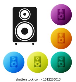 Black Stereo speaker icon isolated on white background. Sound system speakers. Music icon. Musical column speaker bass equipment. Set icons colorful circle buttons. Vector Illustration