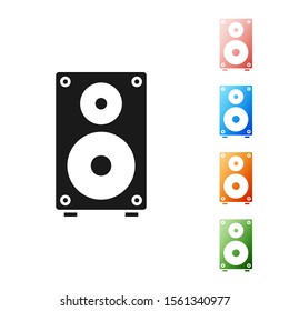 Black Stereo speaker icon isolated on white background. Sound system speakers. Music icon. Musical column speaker bass equipment. Set icons colorful. Vector Illustration