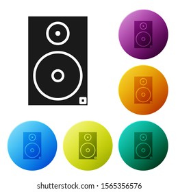 Black Stereo speaker icon isolated on white background. Sound system speakers. Music icon. Musical column speaker bass equipment. Set icons colorful circle buttons. Vector Illustration
