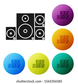 Black Stereo speaker icon isolated on white background. Sound system speakers. Music icon. Musical column speaker bass equipment. Set icons colorful circle buttons. Vector Illustration