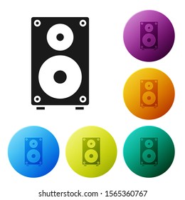 Black Stereo speaker icon isolated on white background. Sound system speakers. Music icon. Musical column speaker bass equipment. Set icons colorful circle buttons. Vector Illustration