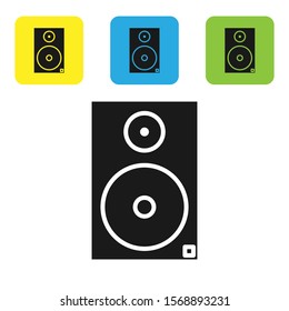 Black Stereo speaker icon isolated on white background. Sound system speakers. Music icon. Musical column speaker bass equipment. Set icons colorful square buttons. Vector Illustration