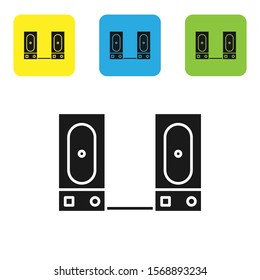 Black Stereo speaker icon isolated on white background. Sound system speakers. Music icon. Musical column speaker bass equipment. Set icons colorful square buttons. Vector Illustration