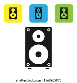 Black Stereo speaker icon isolated on white background. Sound system speakers. Music icon. Musical column speaker bass equipment. Set icons colorful square buttons. Vector Illustration