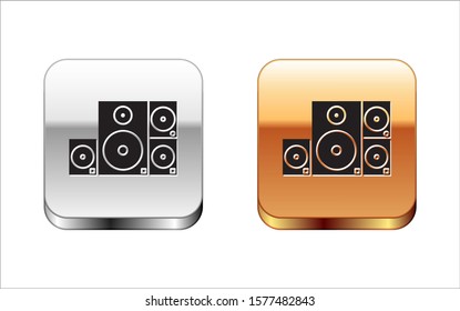 Black Stereo speaker icon isolated on white background. Sound system speakers. Music icon. Musical column speaker bass equipment. Silver-gold square button. Vector Illustration