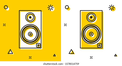 Black Stereo speaker icon isolated on yellow and white background. Sound system speakers. Music icon. Musical column speaker bass equipment. Random dynamic shapes. Vector Illustration