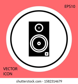Black Stereo speaker icon isolated on red background. Sound system speakers. Music icon. Musical column speaker bass equipment. White circle button. Vector Illustration