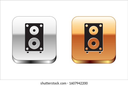 Black Stereo speaker icon isolated on white background. Sound system speakers. Music icon. Musical column speaker bass equipment. Silver-gold square button. Vector Illustration
