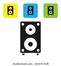 Black Stereo speaker icon isolated on white background. Sound system speakers. Music icon. Musical column speaker bass equipment. Set icons colorful square buttons. Vector Illustration