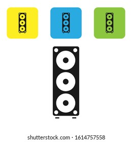 Black Stereo speaker icon isolated on white background. Sound system speakers. Music icon. Musical column speaker bass equipment. Set icons colorful square buttons. Vector Illustration