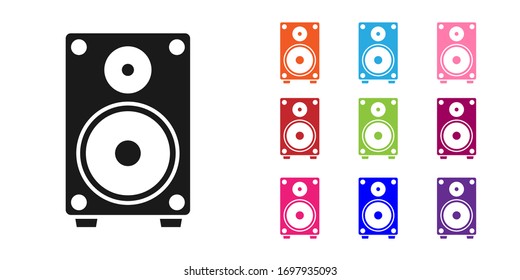 Black Stereo speaker icon isolated on white background. Sound system speakers. Music icon. Musical column speaker bass equipment. Set icons colorful. Vector Illustration