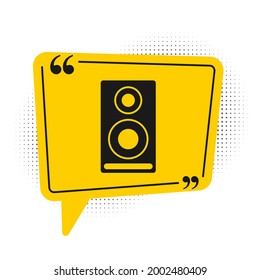 Black Stereo speaker icon isolated on white background. Sound system speakers. Music icon. Musical column speaker bass equipment. Yellow speech bubble symbol. Vector