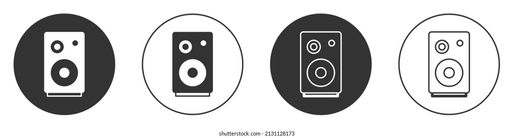 Icono del altavoz estéreo negro aislado en fondo blanco. Altavoces del sistema de sonido. Icono de música. Equipo de bajos de altavoces de columna musical. Botón Círculo. Vector