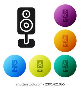 Black Stereo speaker icon isolated on white background. Sound system speakers. Music icon. Musical column speaker bass equipment. Set icons in color circle buttons. Vector
