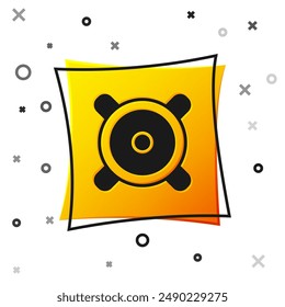 Black Stereo speaker icon isolated on white background. Sound system speakers. Music icon. Musical column speaker bass equipment. Yellow square button. Vector