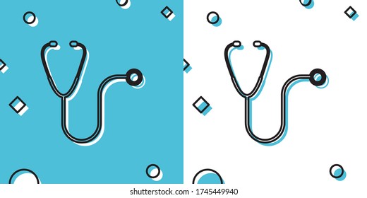 Black Stethoscope medical instrument icon isolated on blue and white background. Random dynamic shapes. Vector Illustration