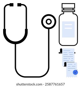 Black stethoscope, medicine bottle, and prescription. Ideal for medical themes, healthcare, pharmacy, doctor tools, and patient care illustrations. Simple and clean vector style