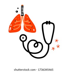 Estetoscopio negro y pulmones humanos rojos. Icono de garabato aislado en fondo blanco. La ilustración vectorial de las existencias puede utilizarse para promover y publicitar, combatir y proteger el concepto de brote de coronavirus COVID-19