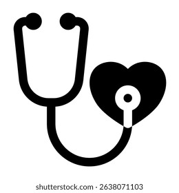 Black stethoscope touching a heart symbol isolated on white, emphasizing health and medical care concepts for use in healthcare visuals.