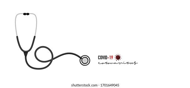 Black stethoscope and wording “Covid-19, coronavirus” isolated on white background. Healthy concept and copy space