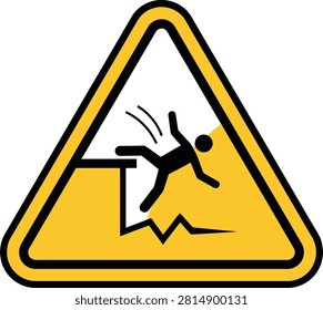 Black stick figure falling from height symbol, safety alert for steep drops and ledges, industrial hazard prevention graphic for outdoor worksites.