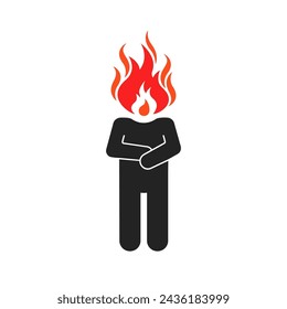 black stick figure with fire like burnout icon. concept of emotional stress or difficult life or psychology pressure in job. flat graphic modern design abstract logotype element isolated on white