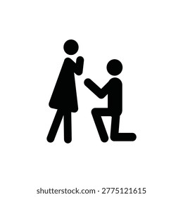 Black stick figure icon of man proposing on one knee to surprised woman on white background. Minimal vector for engagement, marriage proposal, and romance.