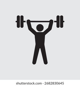A black stick figure icon is shown lifting a barbell with weights above their head, symbolizing strength and fitness.