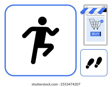Black stick figure running, smartphone with shopping cart, number 3 notification and buy button, footprints. Ideal for fitness apps, e-commerce, online shopping, mobility, digital transactions