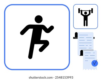 Schwarze Strichfigur mit Gewichtheben-Symbol und Checklisten-Symbol. Ideal für Fitness, Gesundheit, Bewegung, Workout-Routinen und Organisation. Einfach und modern