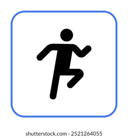 Black stick figure running within blue-bordered square. Simplistic, bold design on white background. Ideal for fitness apps, sports, exercise, health, training.