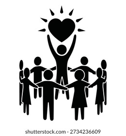 Black stick figures in circle holding up glowing heart with rays white background