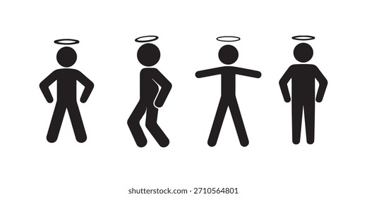 Figuras de palo negro que muestran varias poses con halos angelicales flotando sobre sus cabezas en un lienzo blanco. Incluye posturas de pie, caminando y gesticulando.
