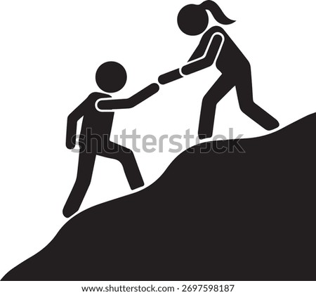 Black stick figures on a white background, one reaching down to help the other climb a dark, abstract hill.