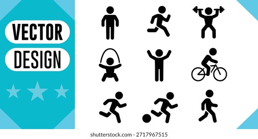 Black stick figures performing various sports activities