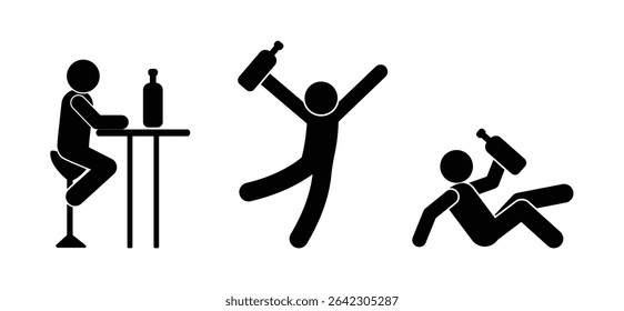 Black stick figures set on transparent background: one sits at a bar with a bottle, another dances drunk, the third has fallen. Simple flat vector illustration about alcoholism and reckless drinking.