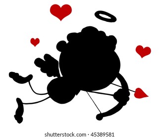 Black Stick Silhouette Cupid with Bow and Arrow Flying With Hearts