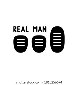 Etiqueta negra para auto. Tres pedales de coche con letras de hombre real. Ilustración de silueta gráfica para la transmisión manual. Pictograma vector plano aislado sobre fondo blanco