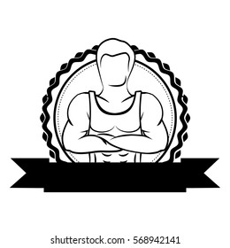 black sticker border with muscle man crossed arms and label