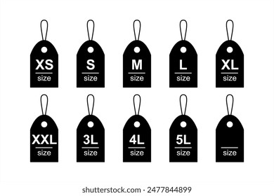 Black sticker clothes size labels. XS, S, M, L, XL, XXL, 3L, 4L, 5L, and blank label tag on white and transparent background. Icon set editable vector illustration
